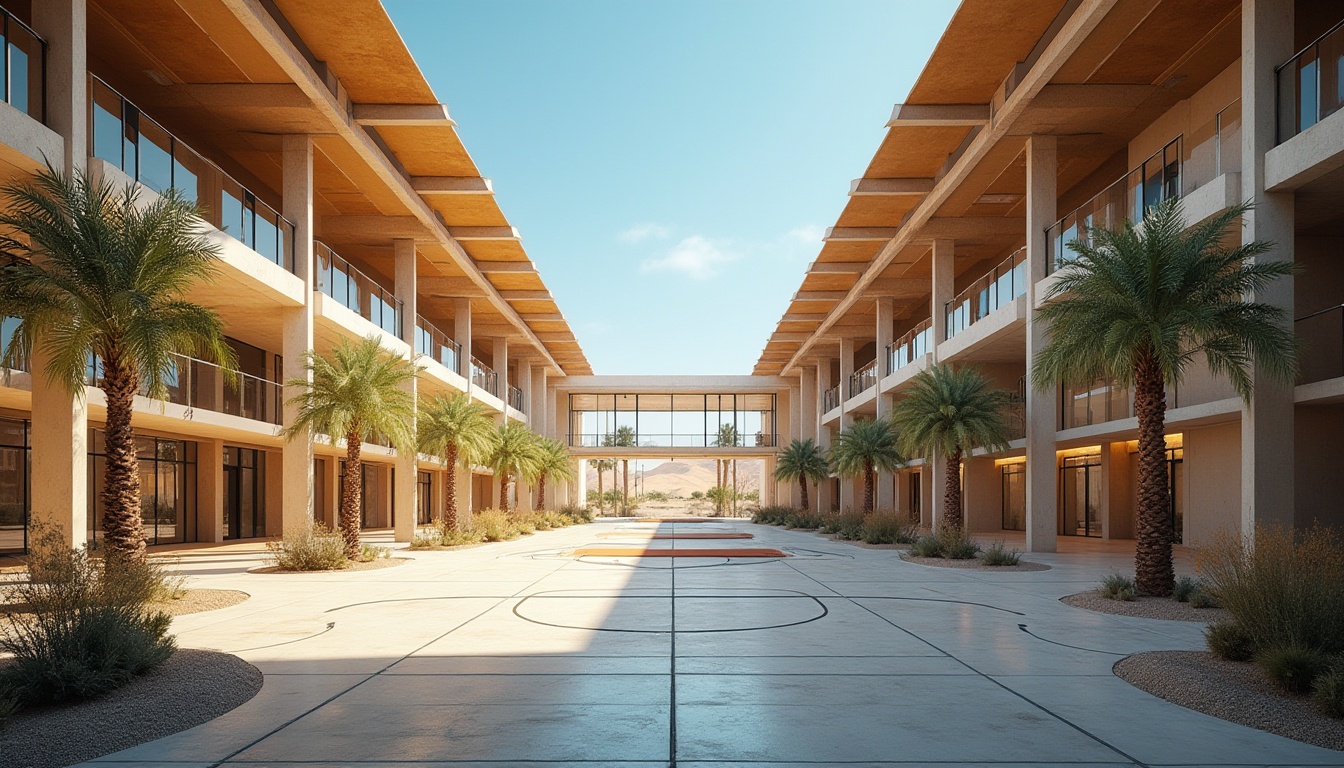 Prompt: Desert gymnasium, modern architecture, angular lines, metallic materials, sand-blasted glass walls, open courtyard, palm trees, cacti, sun-bleached flooring, athletic tracks, basketball courts, weightlifting areas, mirrors, steel beams, industrial lighting, ventilation systems, air-conditioning units, sandy dunes backdrop, clear blue sky, warm sunlight, low-angle shot, symmetrical composition, high-dynamic-range imaging.