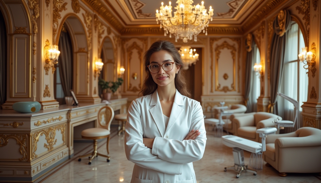 Prompt: Luxurious dental clinic, Baroque style, grand chandelier, intricate carvings, ornate mirrors, velvet drapes, marble floors, gilded frames, ornamental columns, lavish furnishings, opulent atmosphere, warm golden lighting, detailed stucco ceilings, rich wood accents, elegant dentist, white lab coat, stylish glasses, confident smile, professional posture, examining patient, modern dental equipment, sleek lines, high-tech gadgets, soft focus background, shallow depth of field, cinematic composition.