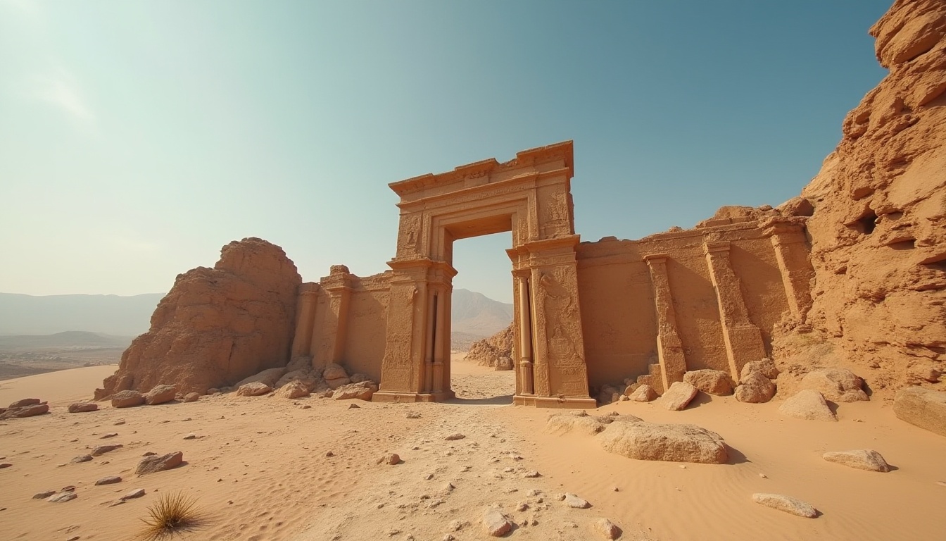 Prompt: Desert monument, khaki color, ancient ruins, crumbling walls, intricate carvings, sandy dunes, vast desert landscape, clear blue sky, warm sunlight, dramatic shadows, rugged terrain, monumental structure, weathered stone, earthy texture, abandoned atmosphere, 3/4 composition, low angle shot, cinematic lighting.