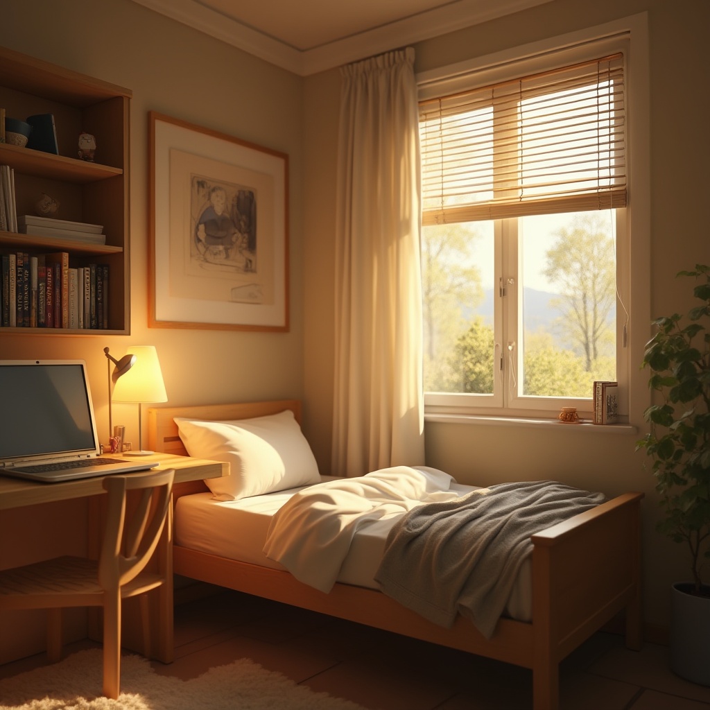 Prompt: Cozy dorm room, warm lighting, wooden desk with laptop, bookshelf with novels, comfortable single bed, fluffy pillows, soft blanket, calm atmosphere, morning sunlight, gentle rays, blinds slightly open, dimmable table lamp, warm beige walls, simple modern furniture, minimalist decor, peaceful ambiance, 3/4 composition, soft focus, natural light, warm color tone.