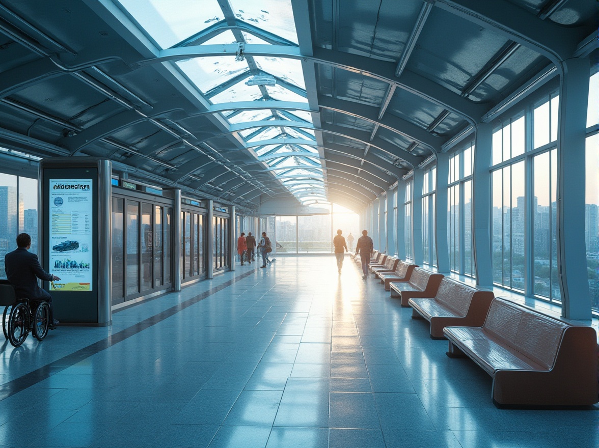 Prompt: Modern bus station, futuristic architecture, curved glass roof, steel framework, LED lights, dynamic lines, minimalist interior, sleek benches, digital information boards, real-time bus tracking, automatic sliding doors, wheelchair accessibility, urban landscape, cityscape background, morning commute, rush hour scene, soft natural light, 3/4 composition, shallow depth of field.