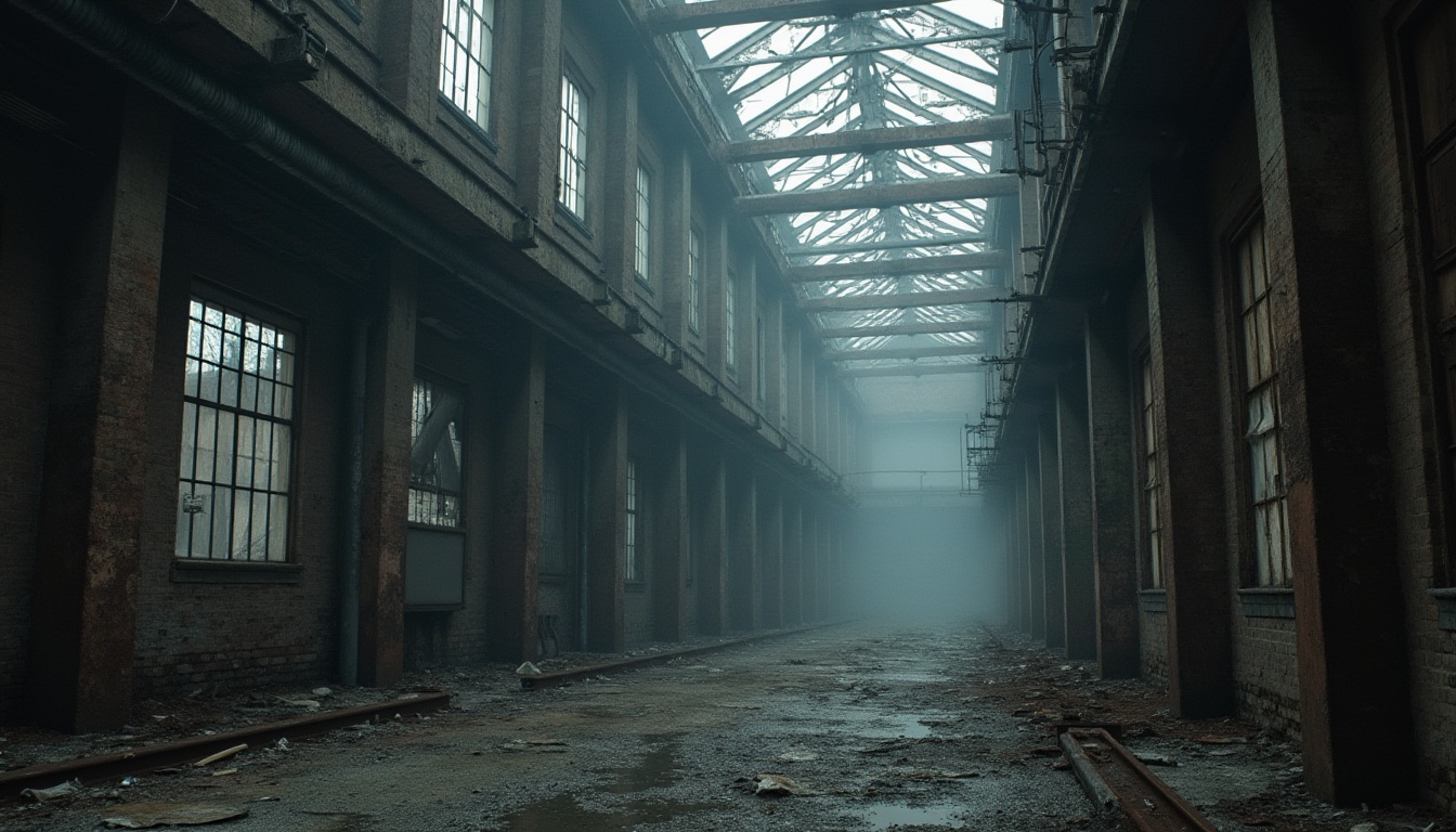 Prompt: Industrial area, abandoned factory, worn-out bricks, rusty steel beams, broken windows, old machinery, intricate pipes, metallic smell, dim lighting, foggy atmosphere, misty morning, 3/4 composition, shallow depth of field, cinematic mood, gritty texture, realistic rendering.