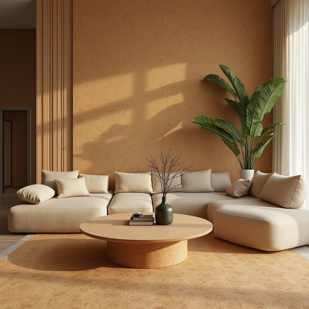 Prompt: Cork material, sustainable, eco-friendly, natural texture, earthy tone, organic pattern, modern design, minimalist style, living room, coffee table, vase, books, decorative items, warm ambient light, soft focus, 3/4 composition, realistic rendering.