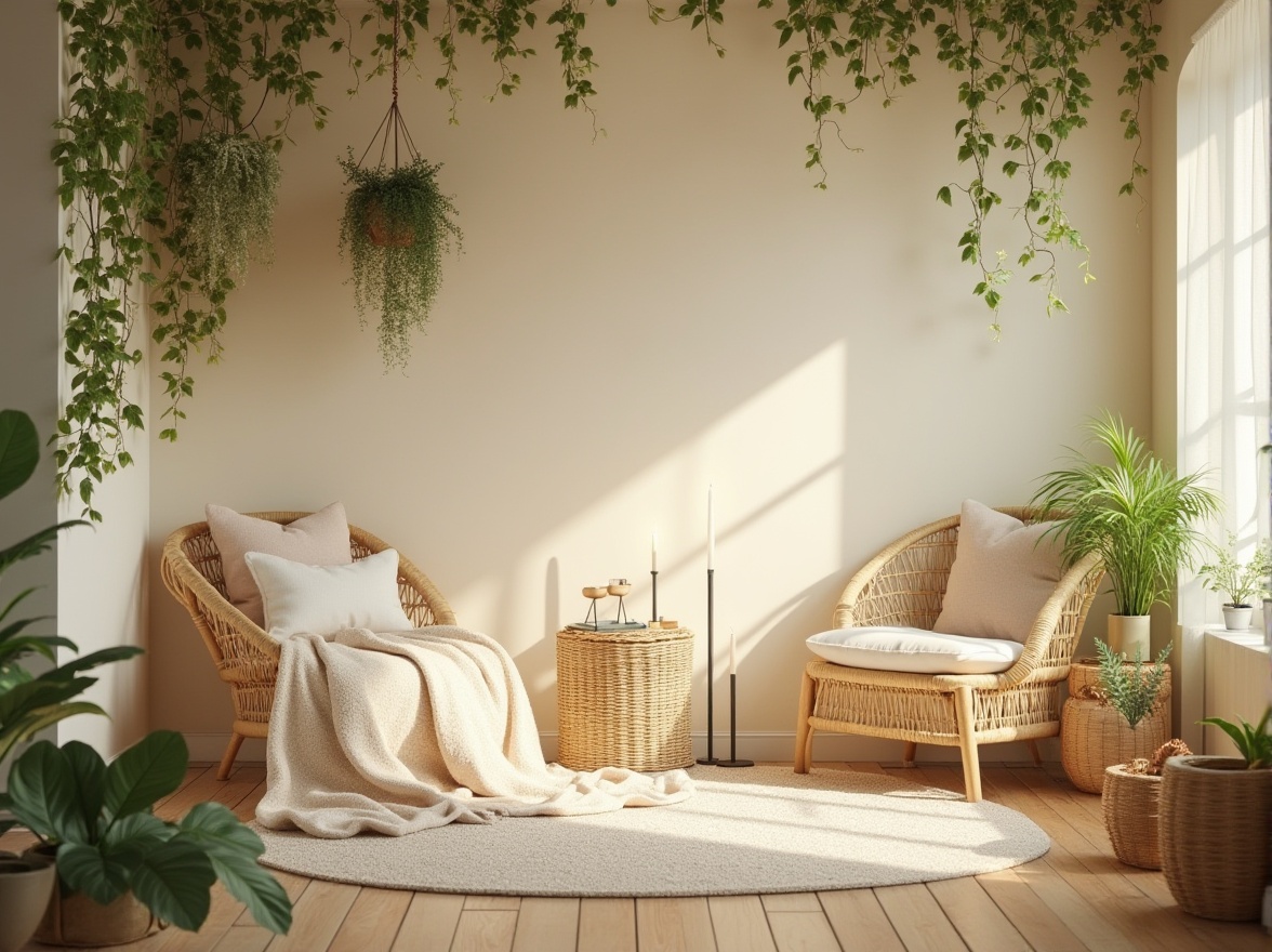 Prompt: Soft, calming atmosphere, serene interior, pastel color palette, cream walls, wooden floor, natural material, woven basket, rattan furniture, lush greenery, hanging plants, vines crawling up walls, warm candlelight, ambient lighting, soft focus, shallow depth of field, minimalist decor, cozy reading nook, plush throw blankets, comfortable pillows, peaceful ambiance.