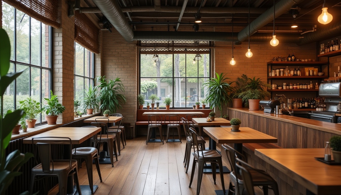 Prompt: coffee shop interior, warm atmosphere, wooden decor, coffee color palette, earthy tones, brown wooden tables, green plants, natural light, large windows, cozy corners, comfortable seating, rustic metal chairs, industrial style lighting, functional layout, open space, minimalist decorations, modern aesthetic, neutral background, 3/4 composition, soft focus, warm lighting.