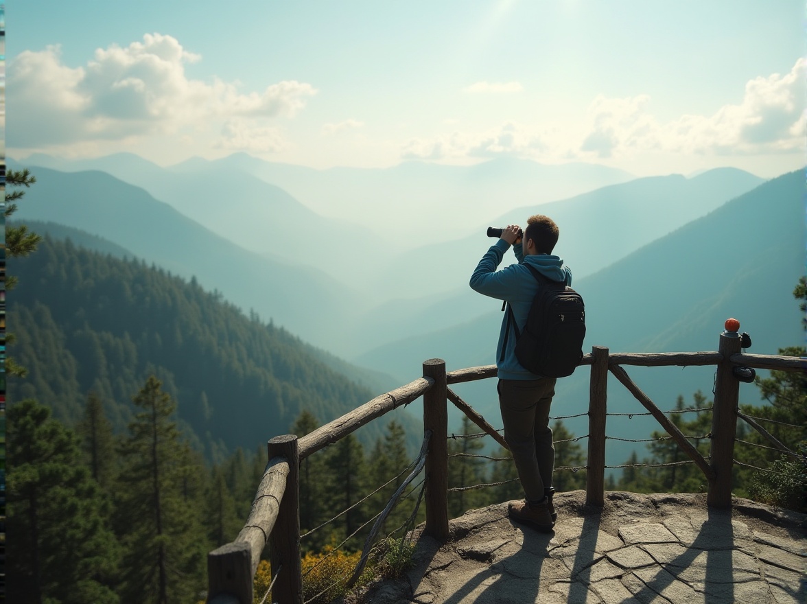 Prompt: Watching tower, mountainous region, scenic lookout, solo figure, binoculars, casual outfit, backpack, hiking boots, relaxed posture, leaning on railing, breathtaking panoramic view, misty mountains, lush green forests, wispy clouds, warm sunlight, soft focus, 3/4 composition, natural colors, realistic texture, atmospheric perspective.