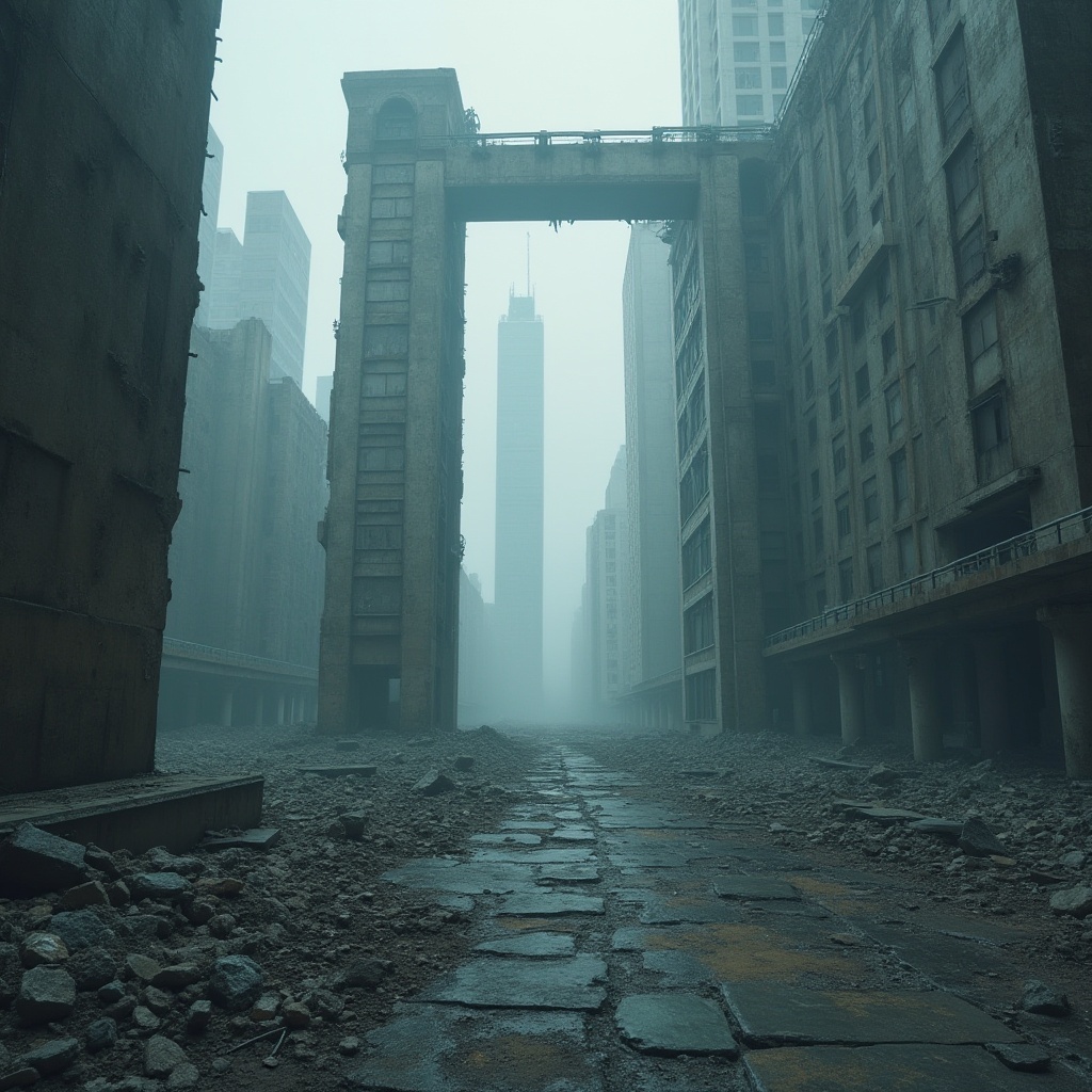 Prompt: Deconstructivist monument, abstract broken columns, shattered glass, twisted metal beams, ruins of a futuristic city, apocalyptic atmosphere, foggy mist surrounding, distant skyscrapers, industrial pipes, concrete foundation, urban decay, abandoned streets, dim lighting, cinematic composition, 3/4 view, shallow depth of field, dark tone, gritty texture.