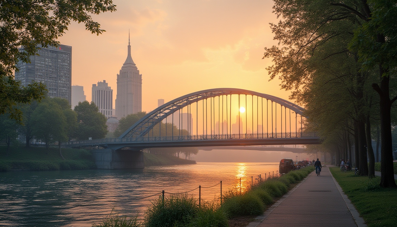 Prompt: International style bridge, modern minimalist design, steel arches, sleek lines, silver-gray color, urban cityscape, sunset glow, warm orange lighting, subtle mist, gentle river flow, lush greenery, varied tree species, walking path underneath, bicycles parked, pedestrians strolling, soft focus, cinematic composition, shallow depth of field, vibrant color palette.