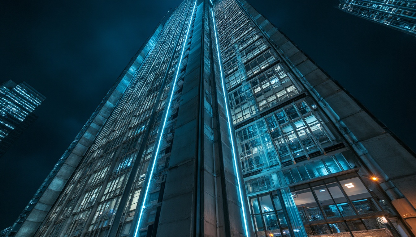 Prompt: Modern skyscraper, steel-framed building, urban cityscape, night scene, bright neon lights, reflective glass windows, sleek metallic texture, industrial materials, minimalist interior design, angular lines, geometric shapes, silver-gray color palette, detailed rivets, bolted joints, reinforced structure, panoramic view, low-angle shot, dramatic lighting, cinematic composition.