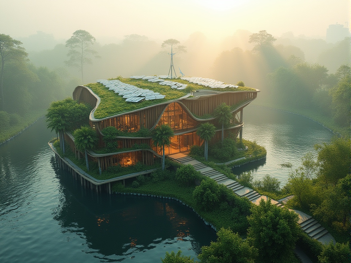 Prompt: Eco-friendly wetland architecture, modern sustainable building, green roof, solar panels, wind turbines, recycled materials, bamboo structure, natural ventilation system, rainwater harvesting system, grey water reuse, living walls with lush vegetation, bird's eye view, aerial shot, serene atmosphere, misty morning, soft warm lighting, shallow depth of field, vibrant colors, minimal shadows, 3/4 composition, panoramic view.