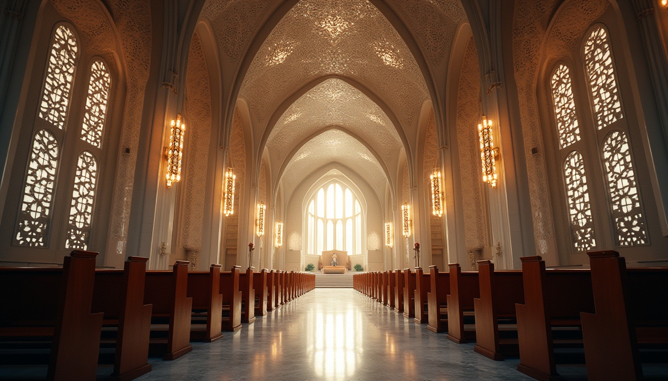 Prompt: Church interior, modern architecture, perforated metal ceiling, intricate patterns, natural light filtering through holes, soft warm glow, holy atmosphere, grandiose chandeliers, wooden pews, stained glass windows, subtle shadows, 3/4 composition, low-angle shot, dramatic lighting, sense of community, spiritual ambiance, ornate details, symmetrical structure, vaulted ceiling, marble floors.