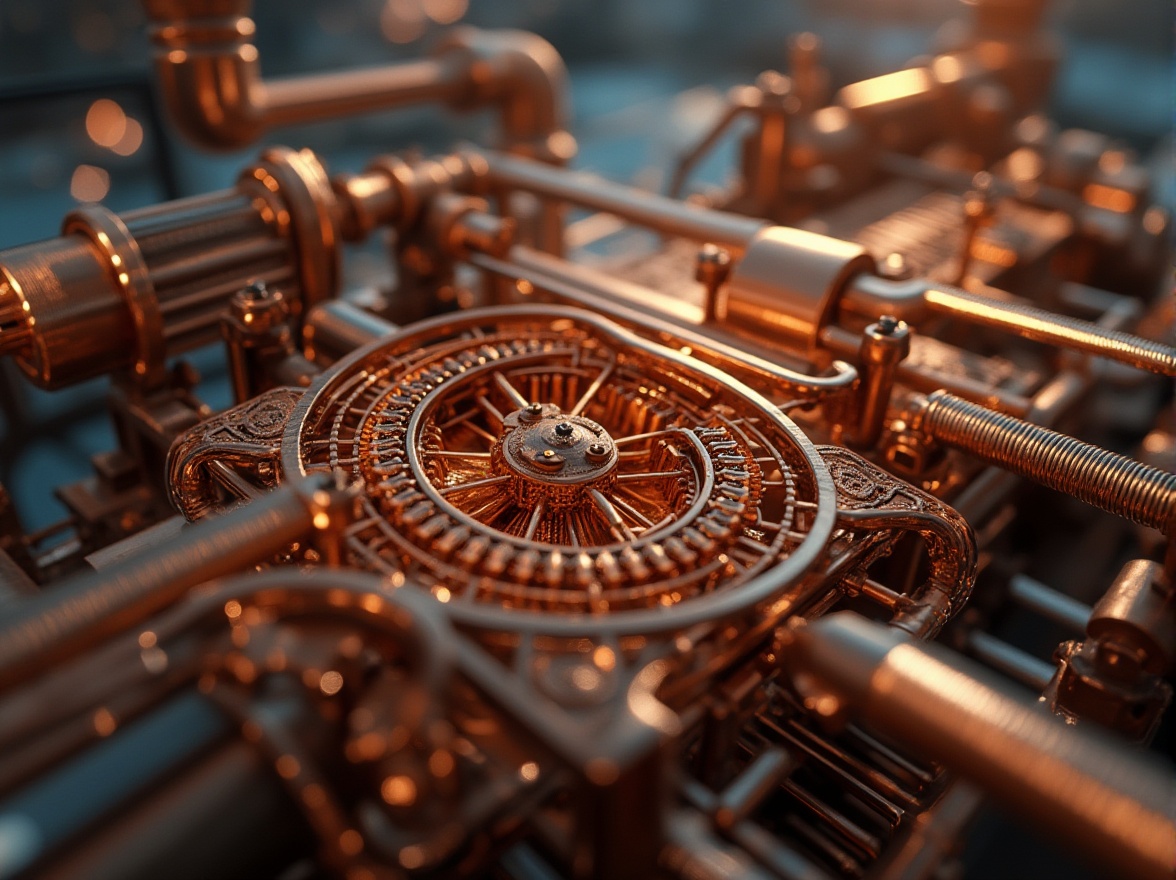 Prompt: Copper material, modern design, futuristic aesthetic, metallic sheen, intricate patterns, industrial setting, urban architecture, cityscape background, sleek lines, minimalist composition, warm lighting, low-angle shot, close-up detail, reflective surface, brushed texture, machinery parts, gears, copper pipes, industrial equipment, robotic arm, factory interior, urban landscape.