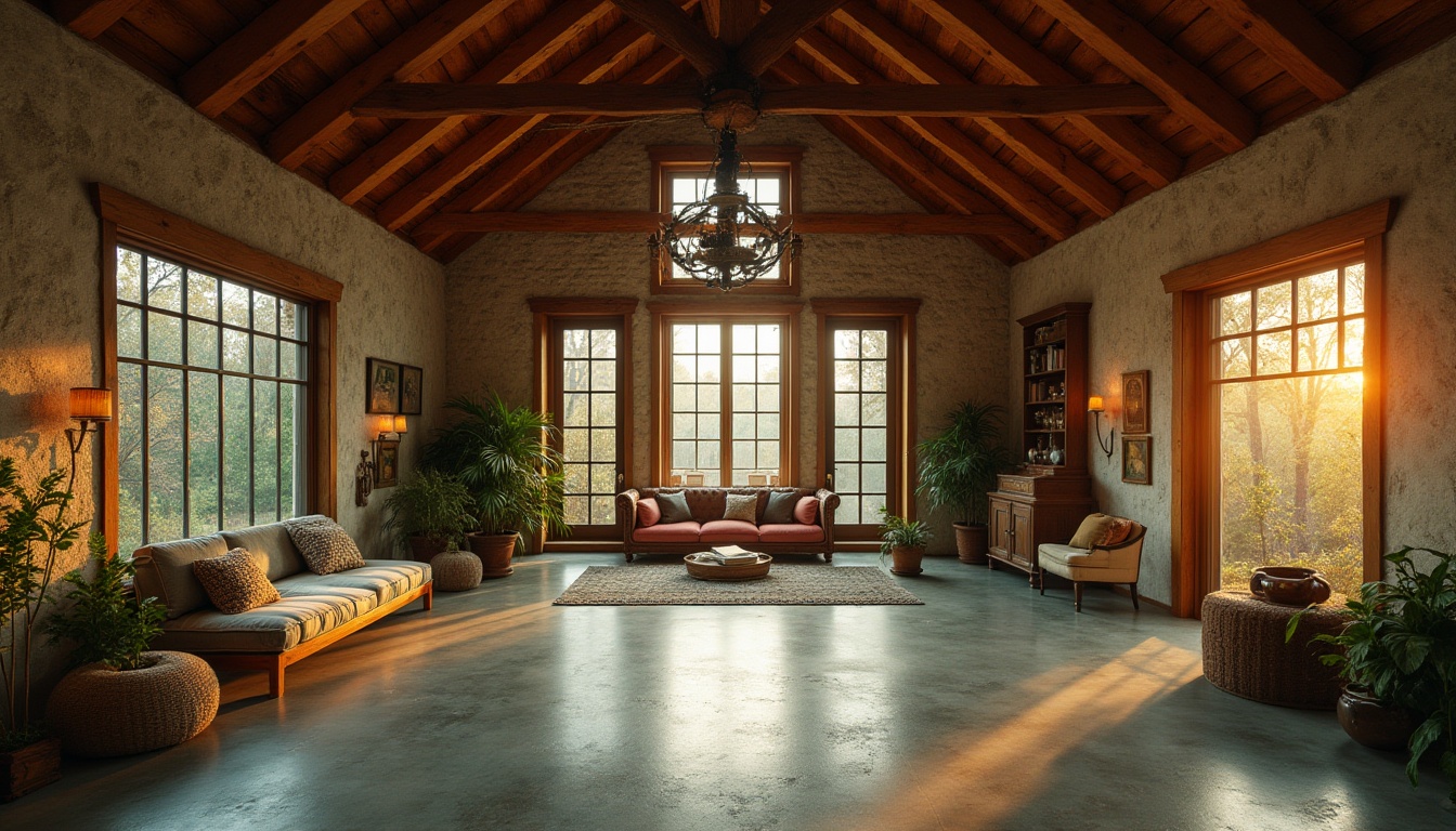 Prompt: Rustic barn, green architecture, modern farmhouse, luxurious interior, wooden beams, stone walls, large windows, natural lighting, lavacrete flooring, polished concrete texture, soft sheen, earthy tone, harmonious blend with nature, serene atmosphere, cozy reading nook, comfortable couch, potted plants, vintage decorations, warm sunset, soft focus, cinematic composition.