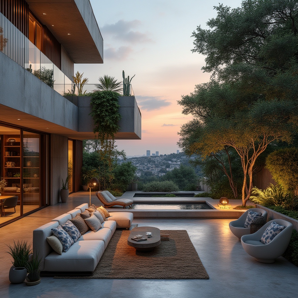 Prompt: Modern outdoor space, luxurious villa, sleek lines, minimalist decor, concrete flooring, geometric-shaped planters, succulents, cacti, modern sculptures, ambient lighting, floor lamps, sectional sofa, low-profile coffee table, abstract-patterned throw pillows, greenery walls, vertical garden, reclaimed wood accents, industrial-style metal railing, staircases with glass balustrades, panoramic view of cityscape, warm sunset glow, cinematic composition, 3/4 framing.