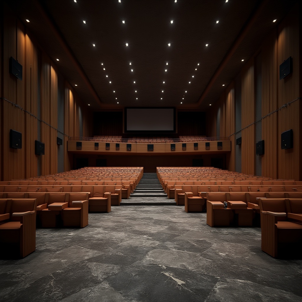 Prompt: Modern auditorium interior design, granite flooring, polished dark grey granite walls, acoustic ceiling, spotlights, wooden chairs, rows of seats, central aisle, podium with microphone, speaker system, warm ambient lighting, evening atmosphere, 3/4 composition, low-angle shot, depth of field, realistic texture, high-contrast ratio, cinematic mood, luxurious details.