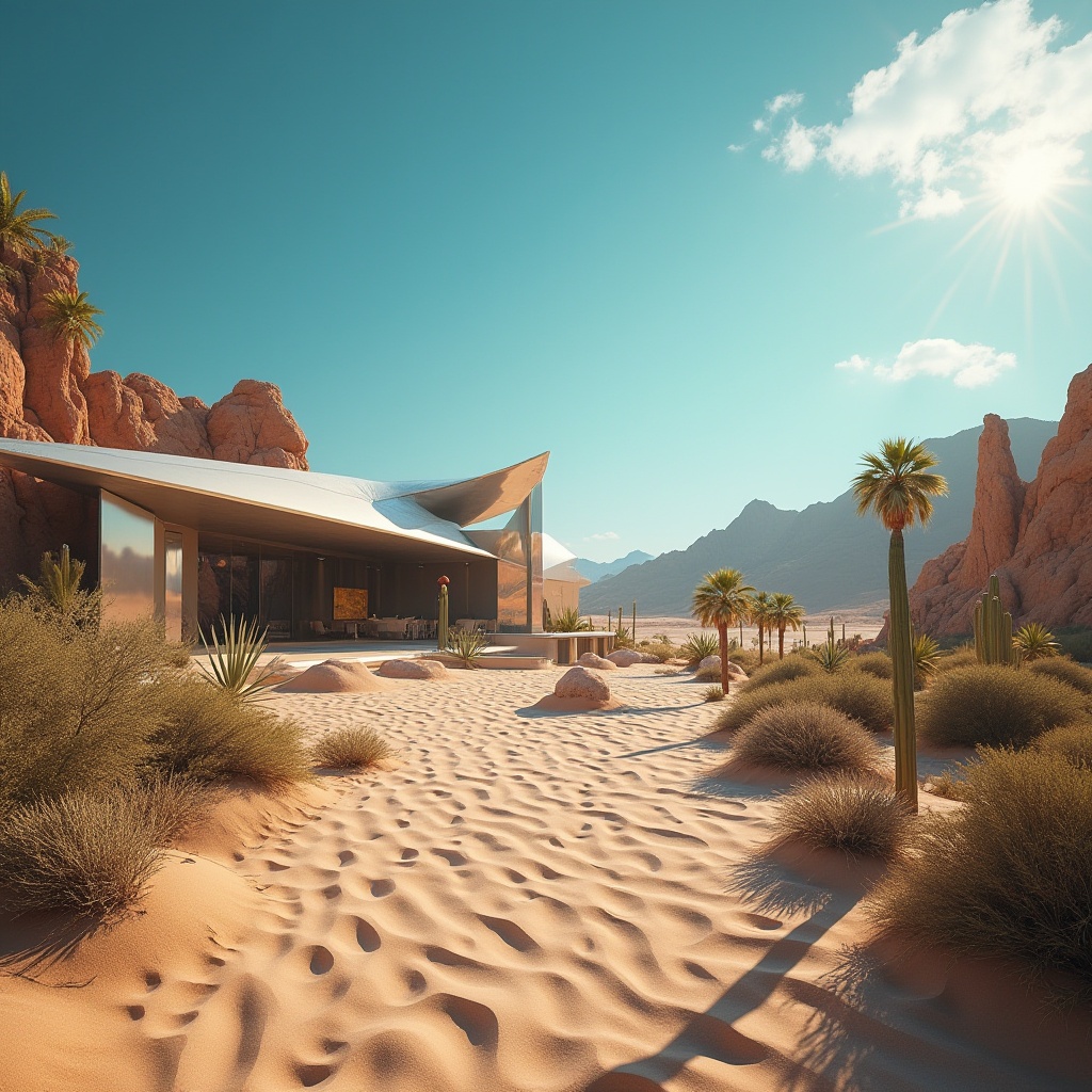 Prompt: Desert landscape, sandy dunes, unique architecture, futuristic, sleek lines, metallic materials, mirrored surfaces, angular shapes, cactus, palm trees, vibrant blue sky, warm sunlight, soft shadows, atmospheric perspective, 3/4 composition, low-angle shot, cinematic lighting.