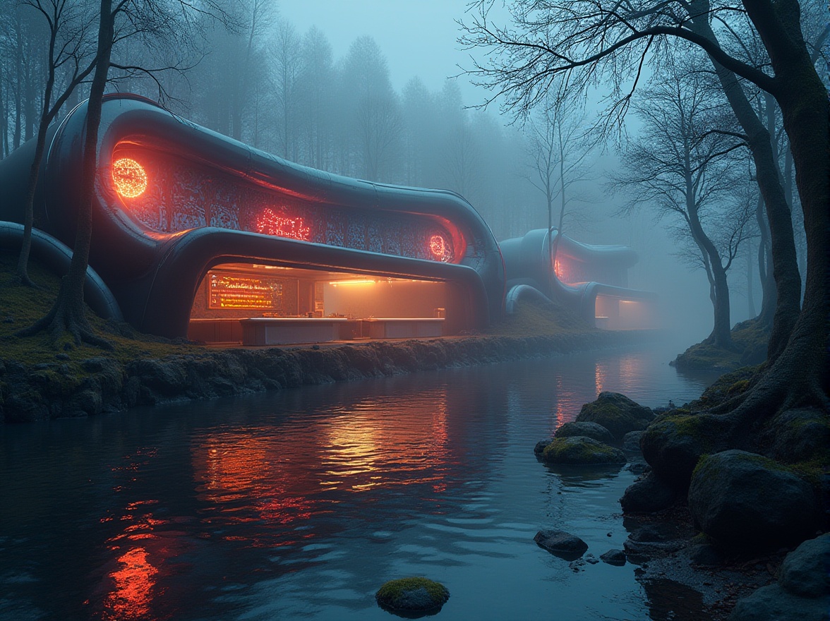 Prompt: Wetland design, futuristic, neon-lit, Bar Constructivist style, abstract geometric shapes, metallic materials, reflective surfaces, iridescent colors, glowing accents, misty atmosphere, twinkling lights, shallow water reflections, eerie silence, mysterious ambiance, industrial pipes, concrete foundation, moss-covered stones, twisted tree branches, foggy surroundings, cinematic composition, low-angle shot, symmetrical framing, vibrant color palette.