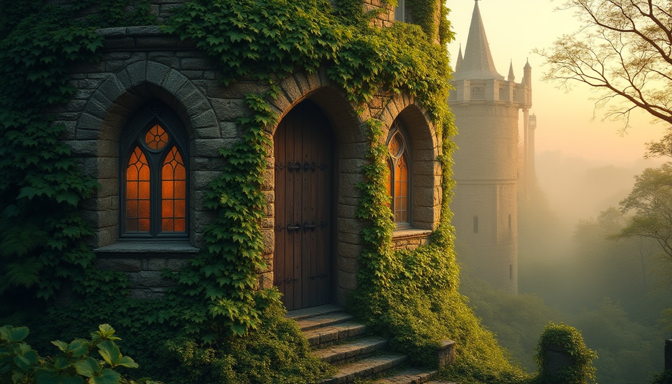 Prompt: Ivy-covered ancient watching towers, mysterious atmosphere, warm golden light, misty morning, medieval architectural style, intricate stone carvings, vibrant green ivy leaves, weathered stone walls, wooden door with iron hinges, narrow windows with stained glass, Gothic spires, mist-shrouded forest surroundings, soft focus on the tower's surface, cinematic composition, 3/4 view, warm color palette, soft lighting, mystical ambiance.