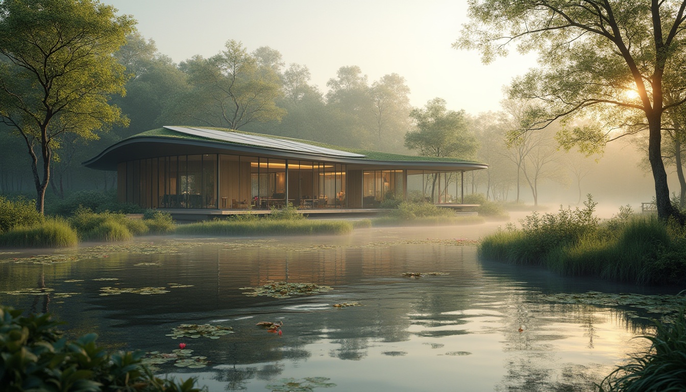 Prompt: Eco-friendly building, harmonious wetland integration, modern curved architecture, green roofs, solar panels, wooden decks, serene natural surroundings, tranquil ponds, lush vegetation, water lilies, misty morning atmosphere, warm sunlight filtering through trees, gentle ripples on the pond's surface, subtle mist rising from the wetlands, soft focus, cinematic composition, wide-angle shot, shallow depth of field.