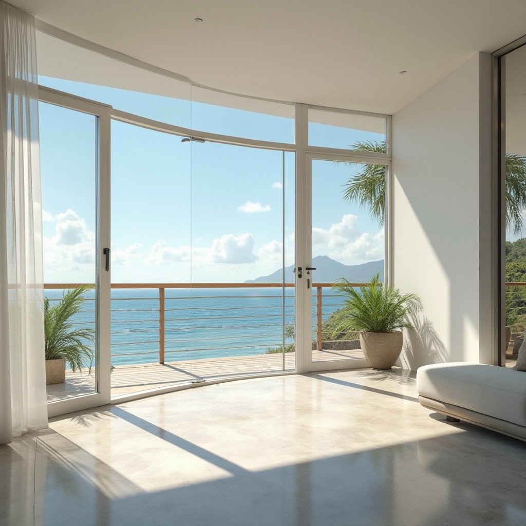 Prompt: Beach modern house, large windows, sliding glass doors, bright interior, natural light pouring in, minimalist decor, white walls, polished concrete floor, low-profile furniture, sleek lines, beachy vibe, ocean view, balcony with wooden railings, potted palm trees, coastal landscape, sunny day, blue sky with few clouds, gentle sea breeze, soft warm lighting, 3/4 composition, shallow depth of field.