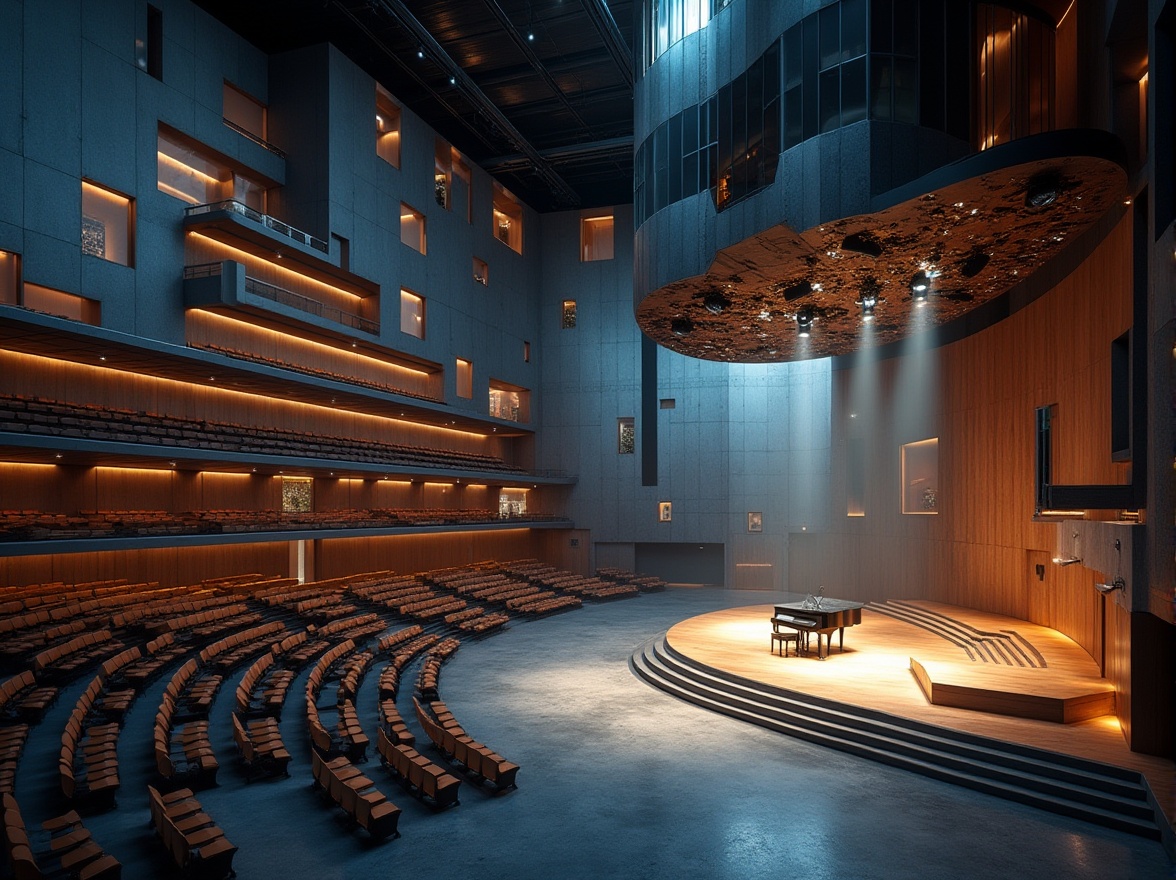 Prompt: Modern concert house, futuristic architecture, geometric shapes, irregular curves, bold lines, metallic materials, glass facade, LED lighting, abstract sculptures, avant-garde interior design, industrial-chic atmosphere, minimalist seating area, grand piano center stage, spotlights shining down, dramatic shadows, high ceilings, exposed ductwork, polished concrete floors, urban cityscape background, night scene, warm ambient lighting, cinematic composition, 3/4 view angle.