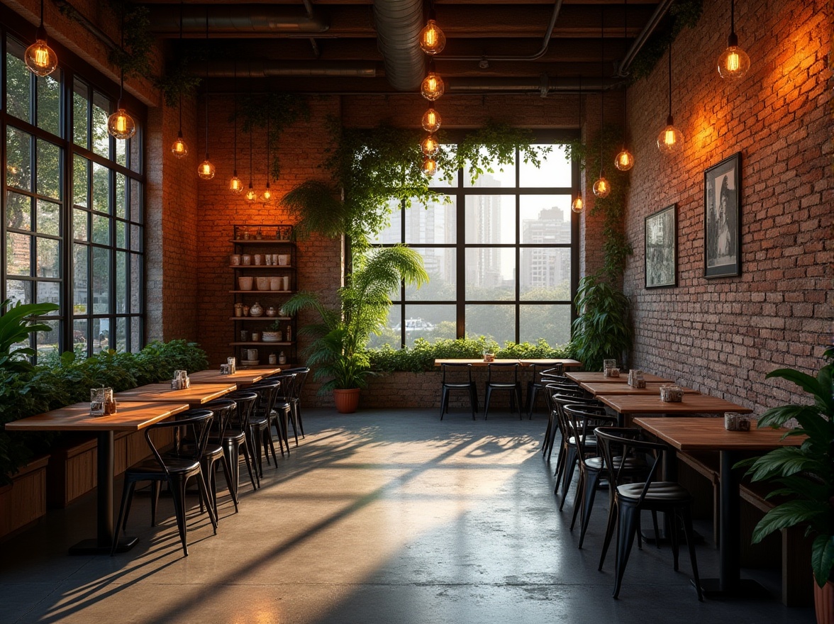 Prompt: Restaurant interior, modern design, masonry material, exposed brick walls, concrete floor, industrial chic, Edison bulbs, wooden tables, metal chairs, lush greenery, potted plants, natural light, large windows, urban views, cityscape, afternoon sunlight, warm ambiance, cozy atmosphere, 3/4 composition, shallow depth of field, realistic texture, detailed stonework, rough-hewn stones, earthy tones.