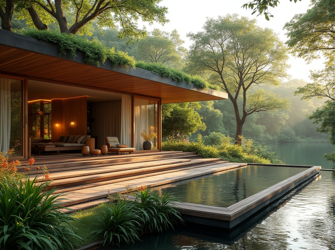 Prompt: Riverbank villa, modern minimalist, luxurious, natural materials, large windows, sliding glass doors, wooden decking, outdoor furniture, green roof, water feature, koi pond, lush greenery, mature trees, river views, serene atmosphere, warm sunlight, soft breeze, peaceful ambiance, 3/4 composition, low-angle shot, cinematic lighting, depth of field.