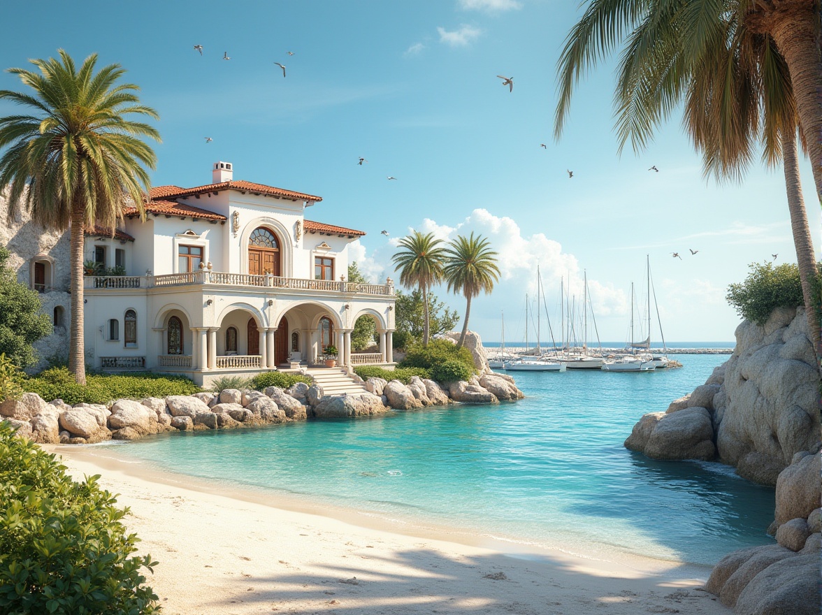 Prompt: Coastal Renaissance architecture, Mediterranean style villa, white stucco walls, red terracotta roofs, ornate wooden doors, arched windows, oceanfront location, palm trees swaying in the breeze, sandy beach, crystal clear turquoise water, sailboats and yachts docked at the pier, seagulls flying overhead, warm sunny day, soft natural light, 3/4 composition, depth of field, cinematic ambiance, realistic texture.