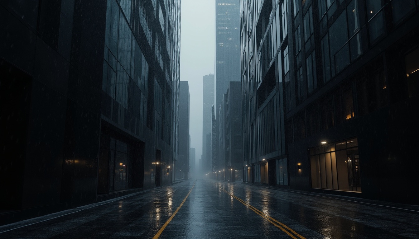 Prompt: Modern cityscape, urban architecture, black buildings, sleek glass facades, metallic skyscrapers, dark alleyways, neon lights reflecting off black surfaces, rainy night scene, dramatic shadows, abstract composition, high contrast, cinematic mood, depth of field, low-angle shot, atmospheric perspective, misty fog effect, intricate details, geometric shapes, clean lines, minimalist style, monochromatic color scheme.