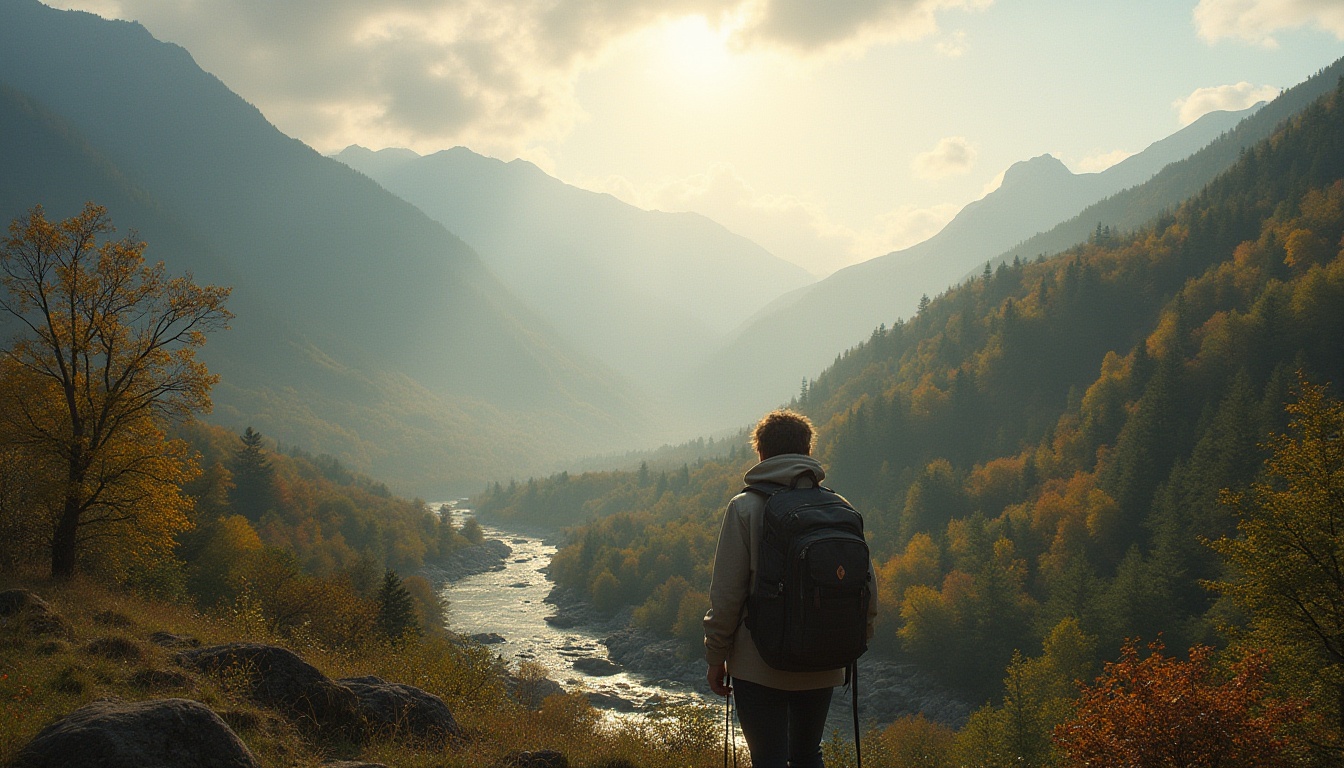 Prompt: Valley landscape, serene atmosphere, rolling hills, lush greenery, trees with vibrant autumn colors, winding river, wooden bridge, misty morning, warm sunlight filtering through fog, dramatic skies with puffy clouds, solitary figure in distance, hiking gear, backpack, walking stick, comfortable clothing, layered outfit, earth tone colors, natural fabric textures, subtle facial expressions, gentle character actions, peaceful ambiance, soft focus, shallow depth of field, cinematic composition.