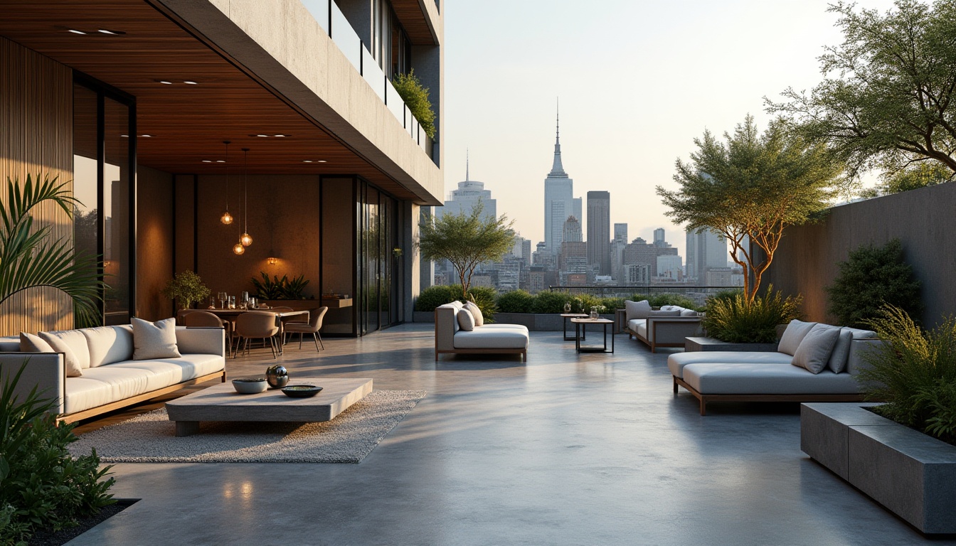 Prompt: Modern minimalist outdoor space, sleek lines, geometric shapes, luxurious patio furniture, low-maintenance plants, industrial-style lighting fixtures, polished concrete floors, built-in planters, wooden accents, natural stone walls, city skyline view, urban atmosphere, warm ambient light, 3/4 composition, shallow depth of field.