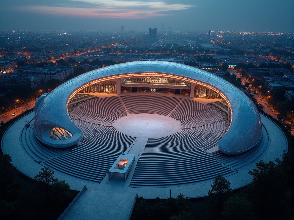 Prompt: Futuristic amphitheater, innovative architecture, circular seating arrangement, stairs, grandeur entrance, Roman-inspired columns, sleek glass roofing, metallic framework, LED lighting, nighttime, cityscape background, skyscrapers, bustling streets, urban landscape, aerial view, drone shot, cinematic composition, dramatic lighting, 3/4 perspective.