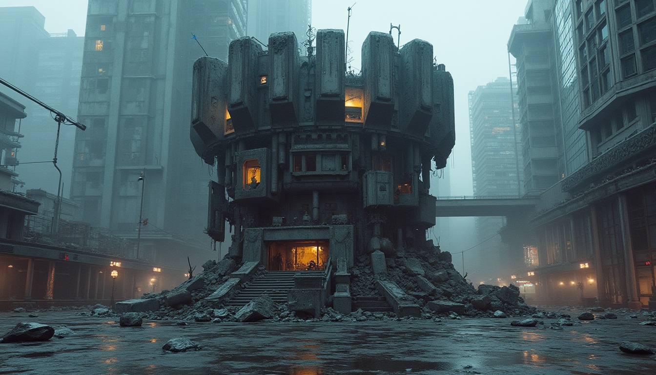 Prompt: Deconstructivist monument, fragmented structures, irregular shapes, broken columns, twisted metal beams, shattered glass, abstract sculptures, futuristic urban landscape, city square, evening atmosphere, moody lighting, dramatic shadows, 3/4 composition, low-angle shot, cinematic mood, post-apocalyptic ambiance, bold contrasting colors, rough textures, brutalist architecture.