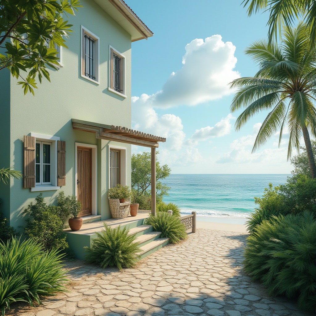 Prompt: Coastal villa, pale green exterior walls, Mediterranean style, white windows, wooden doors, lush greenery surroundings, tropical plants, ocean view, sandy beach, clear blue sky, few puffy clouds, warm sunlight, soft shadows, 3/4 composition, natural texture, earthy material, serene atmosphere, calming ambiance, peaceful getaway.