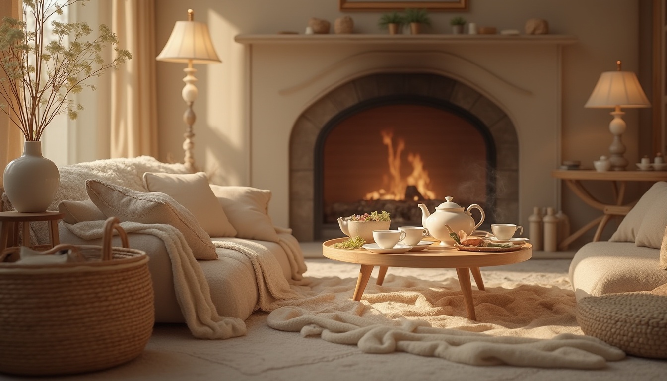 Prompt: Cozy atmosphere, beige color, soft warm lighting, comfortable furniture, plush cushions, woven baskets, natural wood accents, rustic decorations, vintage items, crackling fireplace, dimmed lamp, flowers in vase, gentle petals, delicate tea set, porcelain cups, steam rising, aromatic scent, calm ambiance, serene mood, peaceful setting, warm textures, inviting composition.