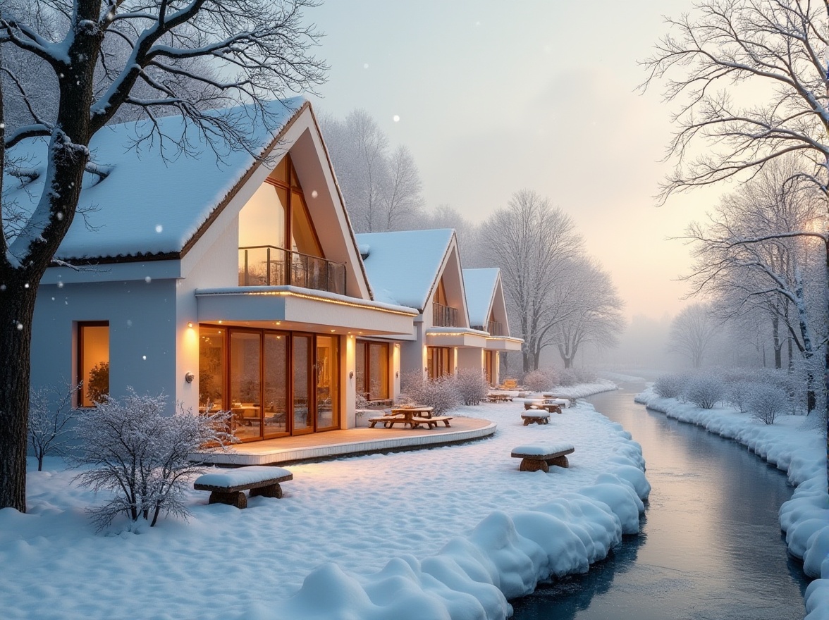 Prompt: Winter riverbank, modern minimalist housing design, snow-covered rooftops, white stucco walls, large windows with wooden frames, warm yellow lighting, snowflakes gently falling, frozen river in the background, bare trees with snow-laden branches, snowy footpaths, rustic wooden benches, icy mist, frosty air, soft focus, shallow depth of field, cinematic composition, warm color tone, cozy atmosphere.