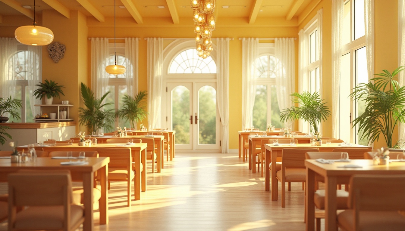 Prompt: Bright dining hall, warm atmosphere, light yellow walls, wooden tables and chairs, soft cushions, elegant chandeliers, large windows, natural light pouring in, green plants on shelves, white curtains with subtle patterns, modern minimalist decorations, 3/4 composition, warm lighting, afternoon sunbeams, shallow depth of field, realistic rendering.