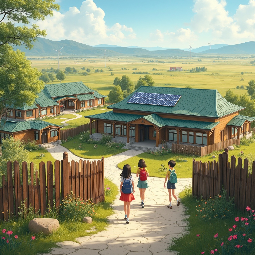 Prompt: Rural school, countryside learning institution, modern farmhouse-inspired architecture, green roofs, solar panels, wooden fences, vast open fields, rolling hills, few scattered trees, distant wind turbines, serene atmosphere, natural lighting, 3/4 composition, warm color palette, earthy tones, rusty metal gates, stone pathways, blooming wildflowers, few students walking or playing outside, joyful expressions, casual clothing, backpacks, bicycles parked nearby, gentle breeze rustling hair.