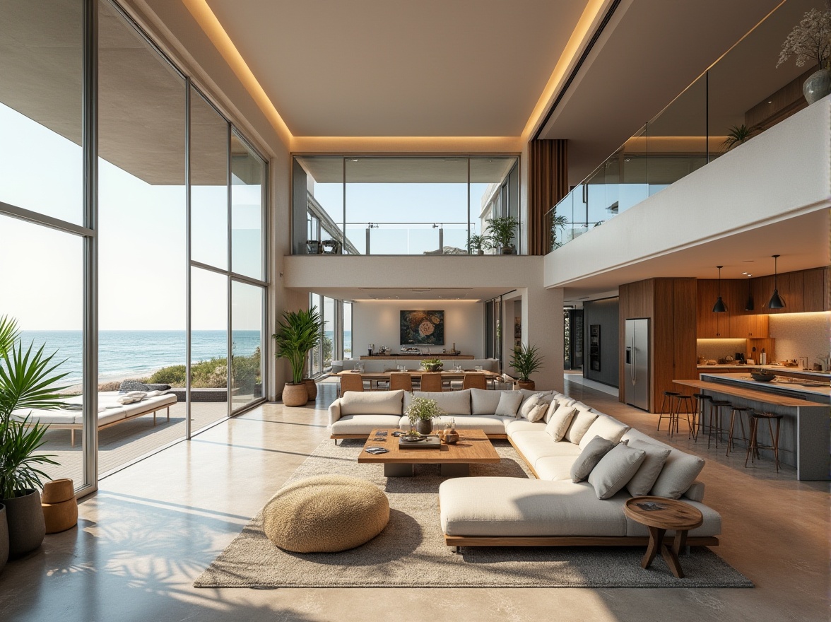 Prompt: Modern beach house, open layout, minimalist interior design, large floor-to-ceiling windows, sliding glass doors, ocean views, natural light pouring in, polished concrete floors, wooden accents, minimalist furniture, sectional sofas, low-profile coffee tables, pendant lights, modern kitchen with island, high-gloss cabinets, stainless steel appliances, cooking utensils on display, dining area with ocean views, stairs with metal railings, coastal decor, abstract art pieces, natural textiles, woven baskets, plants with tropical vibes, outdoor spaces with lounge seating, cantilevered rooflines, wooden decks, beachy color palette, soft warm lighting, 3/4 composition, panoramic view.