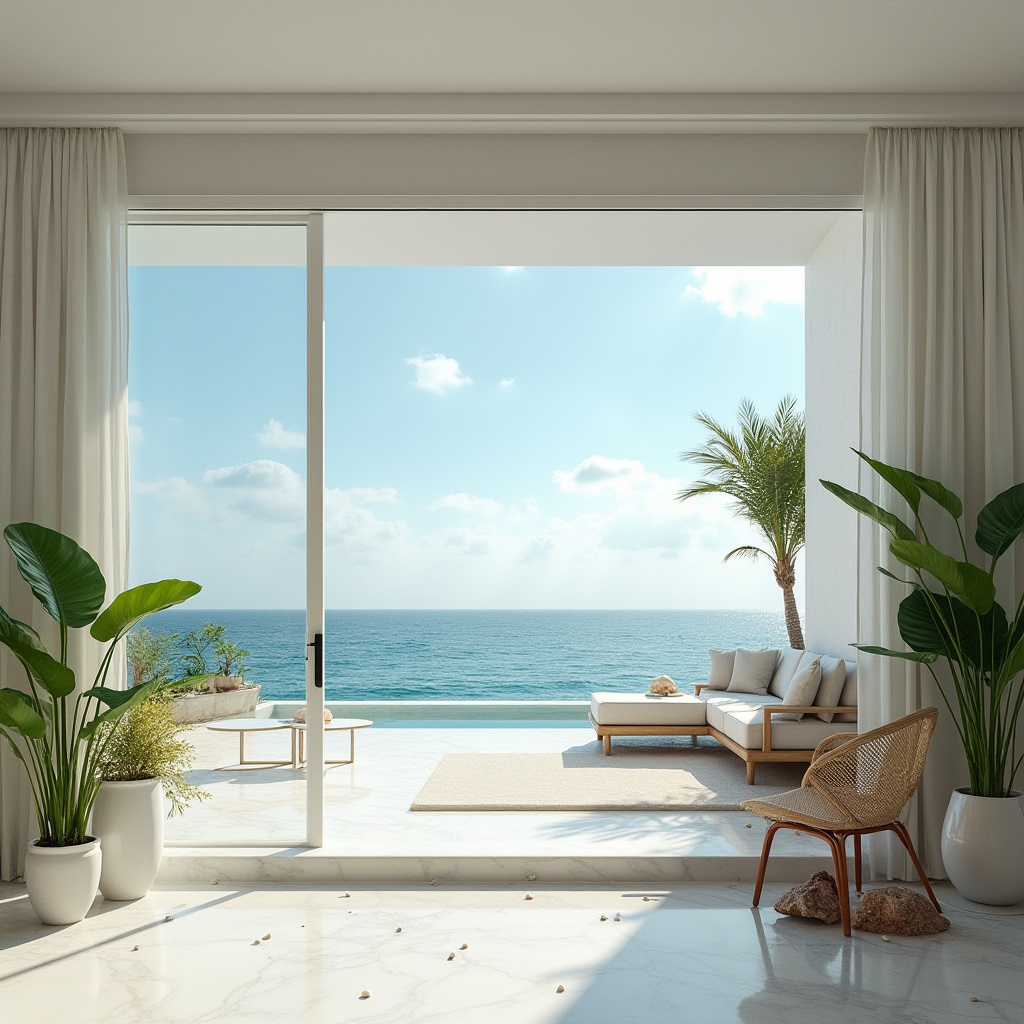 Prompt: Beach modernism, luxurious villa, ocean view, large floor-to-ceiling windows, sliding glass doors, natural light pouring in, bright and airy interior, minimalist decor, white walls, polished marble floors, low-profile furniture, sleek lines, geometric shapes, greenery, potted plants, woven rattan chairs, coastal vibes, seashells, driftwood, ocean breeze, sunny day, clear blue sky, few puffy clouds, panoramic view, 3/4 composition, soft natural light, cinematic ambiance.