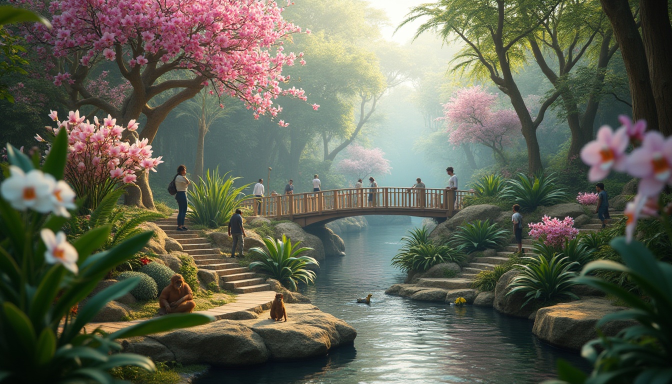 Prompt: Exotic zoo, tropical atmosphere, vibrant orchid colors, pastel pink, white, purple, green leaves, delicate petals, natural habitat, lush vegetation, misty fog, warm lighting, gentle stream, wooden bridges, visitors observing, curious animals, monkeys, birds, butterflies, floral arrangements, garden benches, stone pathways, serene ambiance, depth of field, realistic textures.