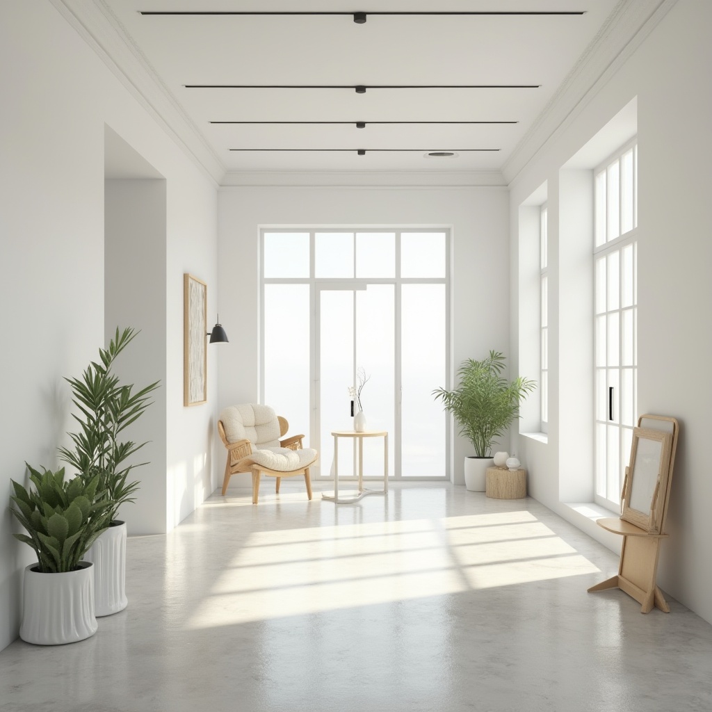 Prompt: Minimalist interior design, empty space, natural light pouring in, white walls, polished concrete floor, low-profile furniture, sleek lines, monochromatic color scheme, potted plants, wooden accents, geometric shapes, simple decorative objects, Scandinavian-inspired decor, calm atmosphere, 3/4 composition, softbox lighting, shallow depth of field, warm and inviting ambiance.