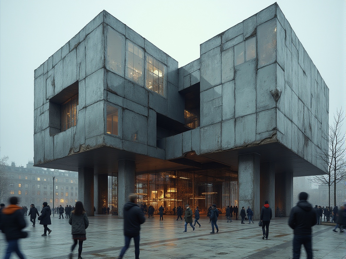 Prompt: Deconstructivist monument, abstract geometric structure, irregular shape, fragmented facade, reflective glass, metallic surface, rusted steel, industrial pipes, futuristic atmosphere, urban landscape, city square, pedestrians walking by, blurred motion, dynamic composition, low-angle shot, dramatic lighting, high-contrast tone, moody ambiance, postmodern architecture, critical theory, philosophical concept, cultural critique, societal commentary.