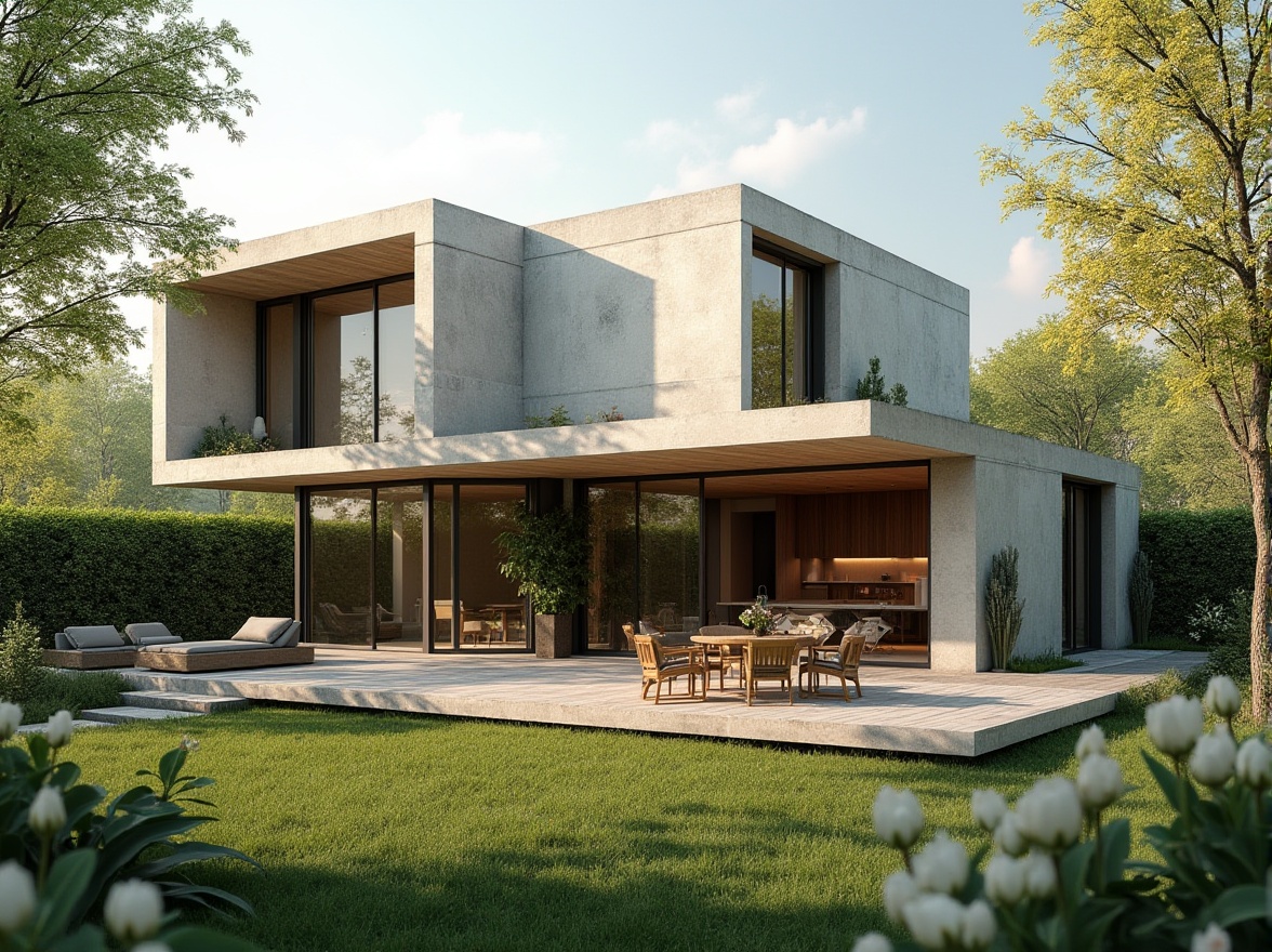 Prompt: Modern villa, minimalist exterior, fiber-cement material walls, large windows, sliding glass doors, natural light, greenery surroundings, wooden deck, outdoor seating area, lush trees, blooming flowers, sunny day, soft warm lighting, 3/4 composition, depth of field, realistic texture, ambient Occlusion, atmospheric perspective.