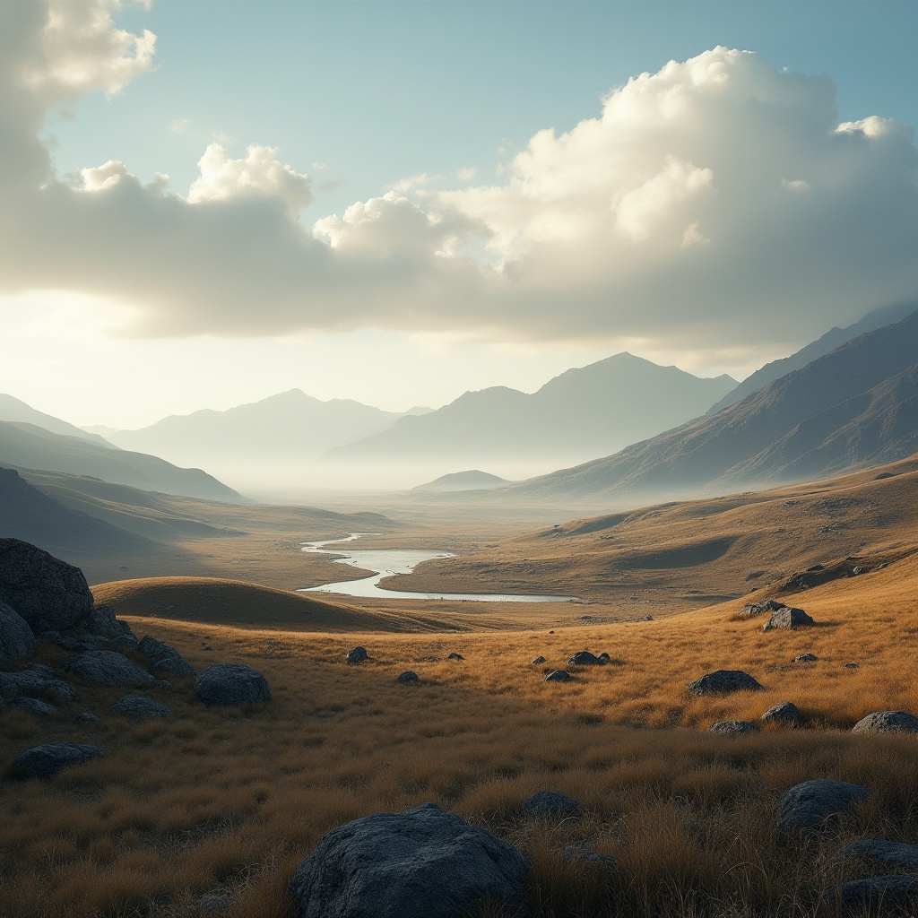 Prompt: Plateau landscape, high-altitude terrain, vast open space, distant mountain ranges, few trees scattered, rocky outcrops, sparse grasslands, serene atmosphere, warm sunlight casting long shadows, misty fog rolling in, dramatic cloud formations, 3/4 composition, panoramic view, cinematic lighting, realistic textures.