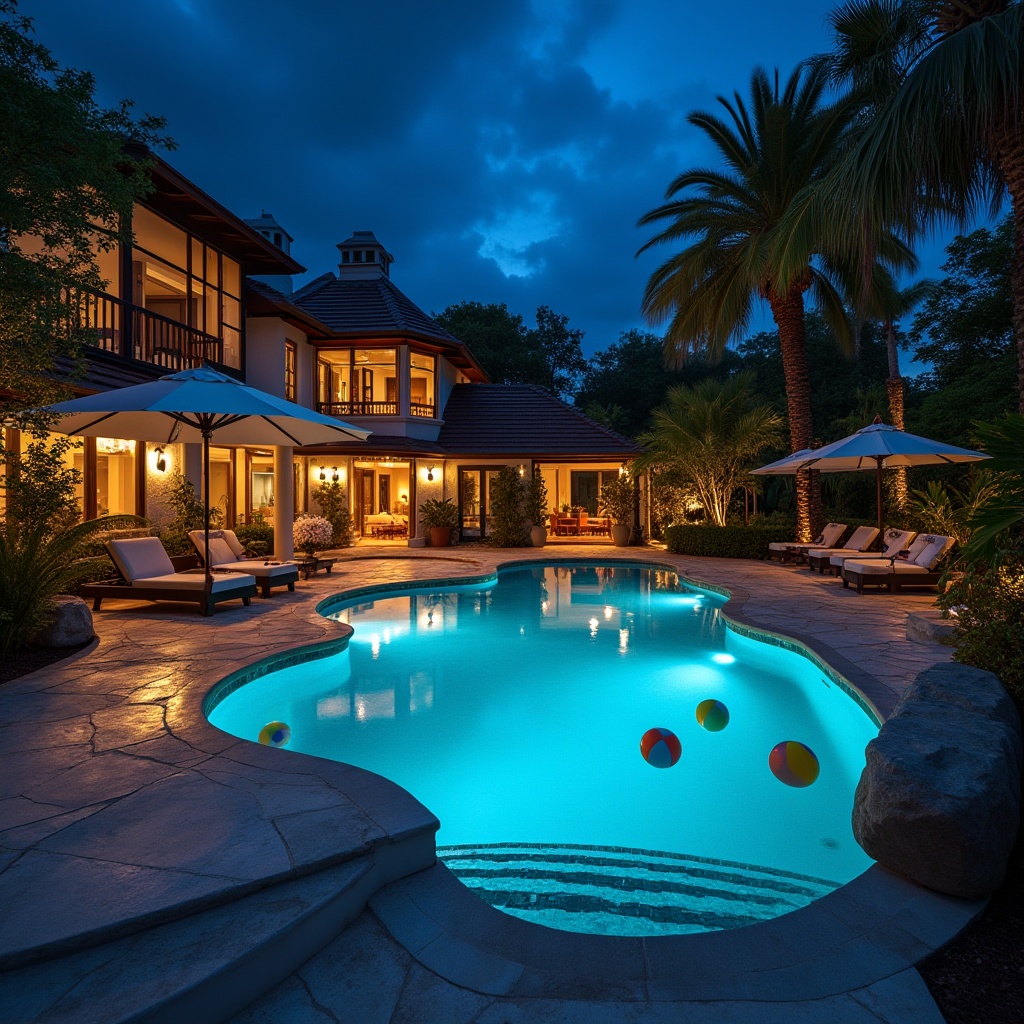 Prompt: Luxurious backyard, nighttime, pool area, modern villa, warm ambient lighting, LED lights submerged in pool water, glowing blue hue, steps leading to pool, decorative concrete floor, lounge chairs, umbrella tables, colorful beach balls floating on the water, tropical plants surrounding the pool, palm trees swaying gently, warm summer evening, soft focus, shallow depth of field, 3/4 composition, cinematic lighting.