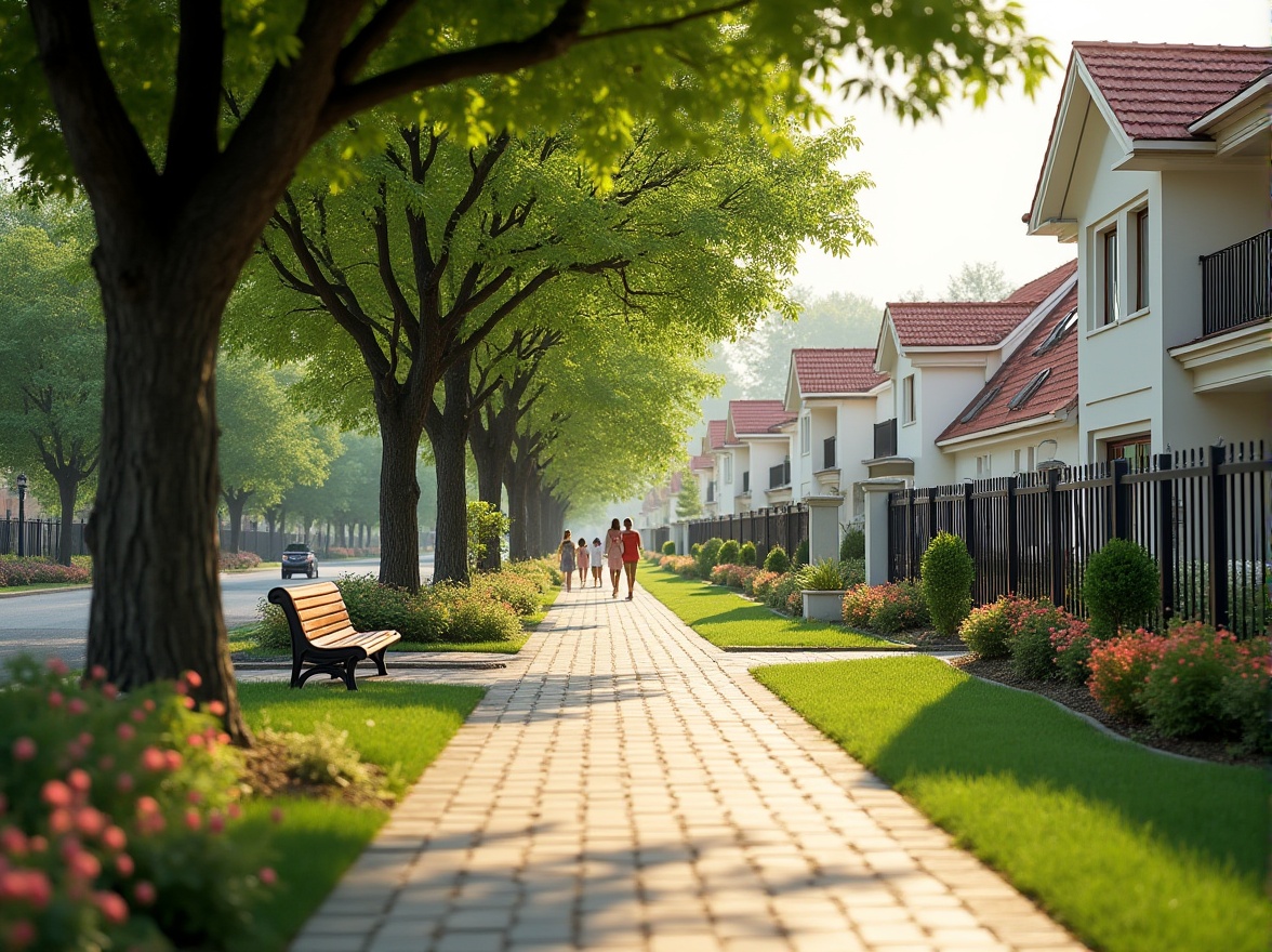 Prompt: Suburban residential area, peaceful atmosphere, sunny afternoon, gentle breeze, trees lined up along the sidewalk, blooming flowers in various colors, neatly trimmed lawns, modern villas with white walls and red roofs, black iron fences, wooden benches under tree shades, a few people walking their dogs or pushing strollers, children playing on the grass, warm soft lighting, shallow depth of field, realistic textures, cinematic composition, 3/4 view.