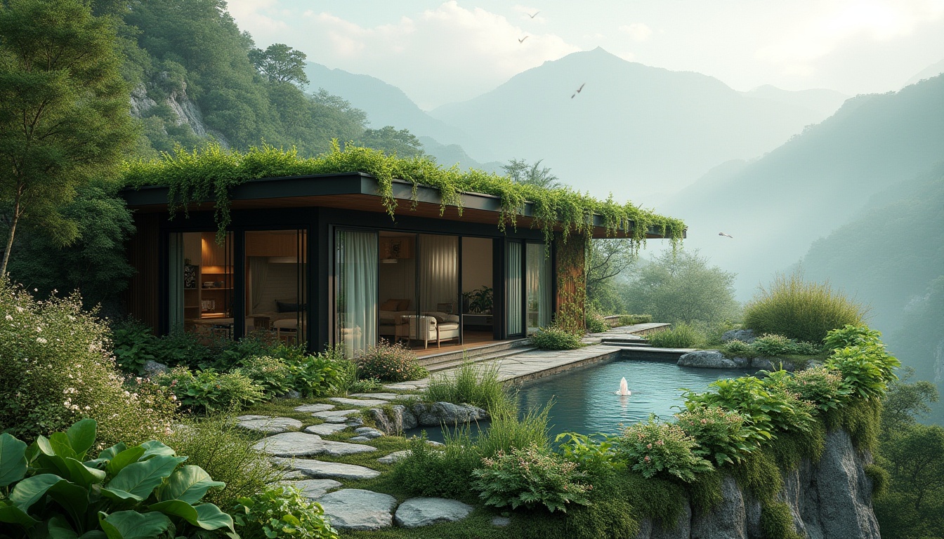 Prompt: Green roof, villa, modern architecture, blending into natural surroundings, lush greenery, vines crawling up walls, wooden accents, large windows, sliding glass doors, panoramic view, mountains in the background, misty atmosphere, soft morning light, dew on leaves, stone pathway, water feature, small pond, fountain, birds singing, blooming flowers, butterflies fluttering, serene ambiance, peaceful coexistence of nature and architecture.