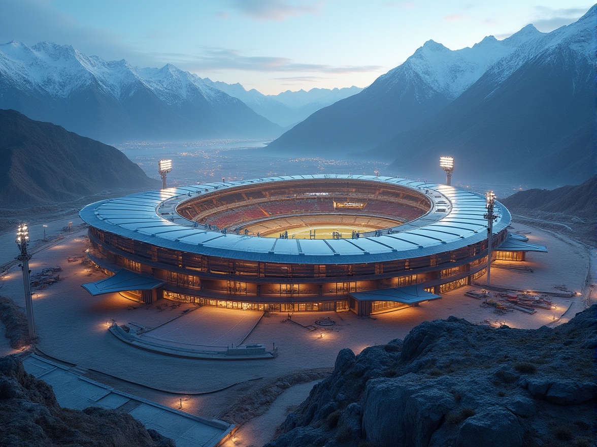 Prompt: High-altitude stadium, plateau landscape, rugged terrain, steep slopes, monumental architecture, grandeur design, futuristic curves, steel beams, glass facades, cantilevered roofs, intricate stone carvings, snow-capped mountains in background, misty atmosphere, low oxygen levels, challenging construction, innovative engineering solutions, wind-resistant structures, insulation systems, high-performance materials, athletic tracks, football fields, spectator seating, VIP lounges, media booths, floodlights, evening ambiance, 3/4 composition, panoramic view, dramatic lighting.