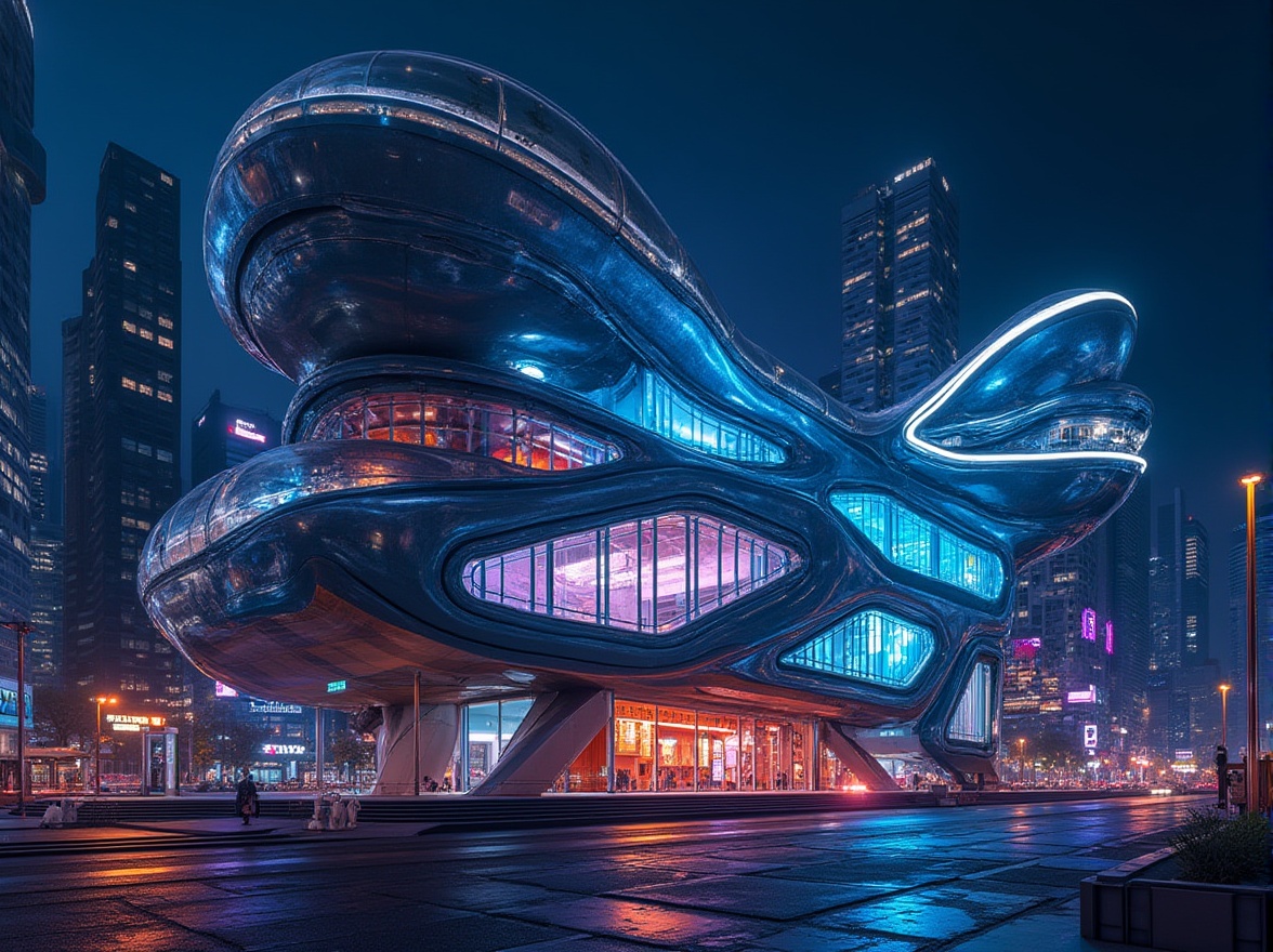 Prompt: Modern architectural style, Bar Constructivism, futuristic building, urban landscape, night scene, neon lights, sleek lines, geometric shapes, metallic materials, plastic components, transparent glass, reflective surfaces, abstract patterns, complex structures, sharp angles, bold colors, cityscape, metropolitan atmosphere, dramatic lighting, low-angle shot, cinematic composition.